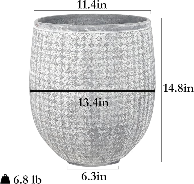 Worth Garden 12" Dia x 15" H Grey Round Planter – Lightweight Magnesium Oxide Cement Plant Pot with Texture – Raised Pattern Concrete Look – Drainage Hole – Indoor &amp; Outdoor Use
