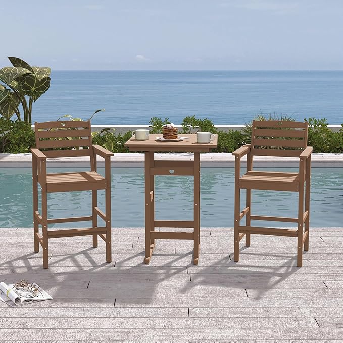 Tall Adirondack Chairs Set of 2, HDPE Wood Balcony Adirondack Chairs Set with Heart Cutout Design, Weather-Resistant Bar Height Furniture for Deck, Porch, Pool (Teak)