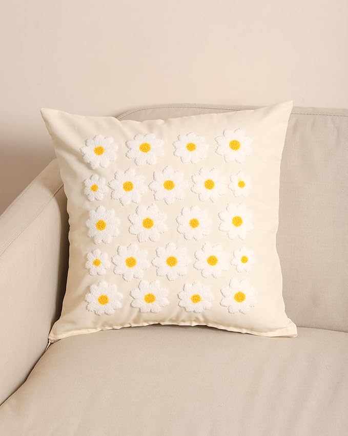 katre home madame &amp; textile Throw Pillow Cover – Handcrafted Daisy Design on Natural Cotton – 18x18 inch – Decorative Punch Needle Cushion Cover – Boho Floral Accent Pillowcase