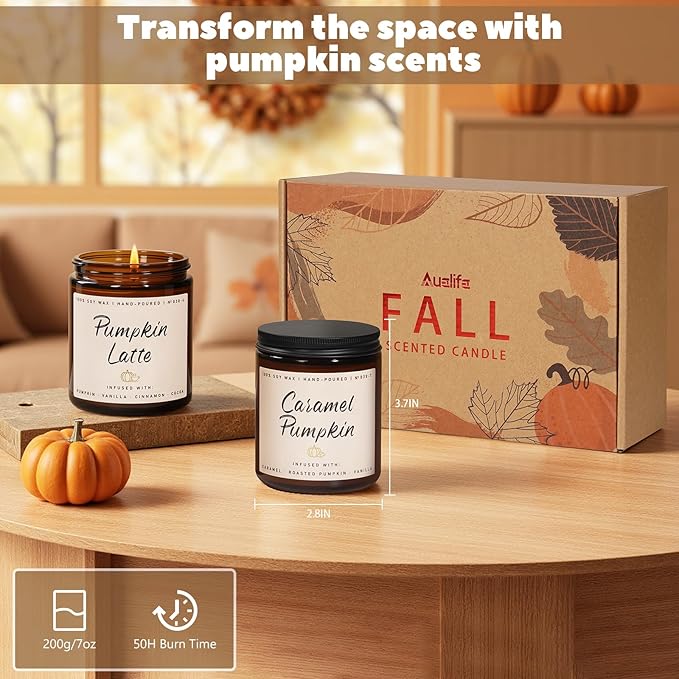 Auelife Fall Candles, Pumpkin Latte Scented Candle – Fall Soy Candle for Home | Autumn Aromatherapy Candles| Pumpkin Scented for Autumn Home Décor &amp; Cozy Gift for Women