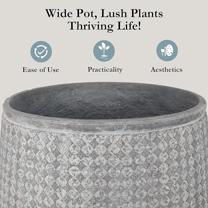 Worth Garden 12" Dia x 15" H Grey Round Planter – Lightweight Magnesium Oxide Cement Plant Pot with Texture – Raised Pattern Concrete Look – Drainage Hole – Indoor &amp; Outdoor Use
