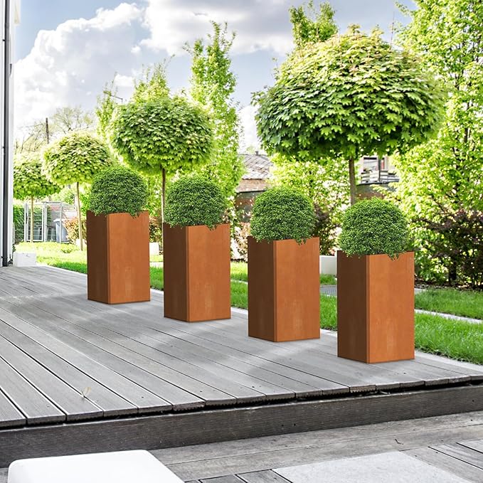 Cor Ten Steel Planter 26 Inch Tall Planter with Drainage Holes, Rust-Resistant/Heavy-Duty Metal Planter Box for Garden, Patio, Porch &amp; Yard (14x14x26in)