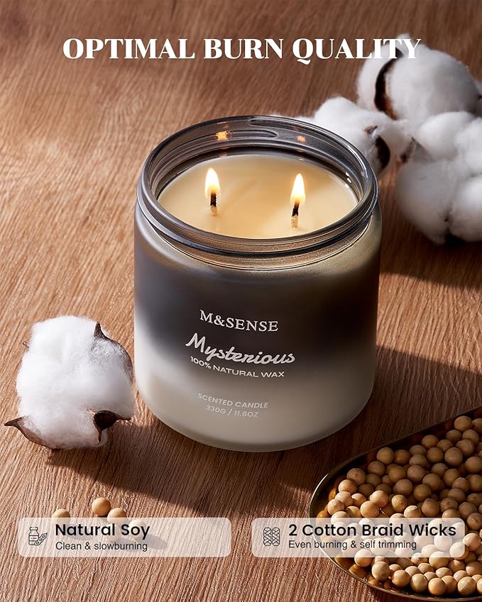 M&amp;SENSE Pepper Lavender Scented Candles for Men, 2 Wick 11.6oz 70 Hours Slow Burning Natural Soy Candle for Christmas, Organic Black Masculine Candles Home Fragrance Holiday Candle for Him
