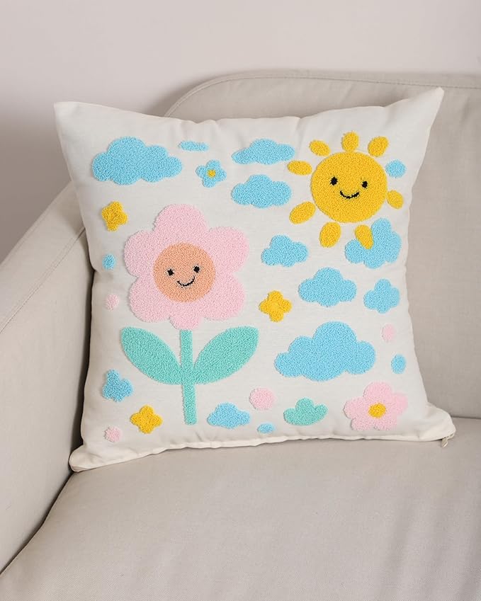 katre home madame &amp; textile Throw Pillow Cover – Sun &amp; Cloud Punch Needle Cushion 18x18 inch – Handmade Embroidered Boho Cotton Pillow for Couch, Bed or Nursery Room Decor