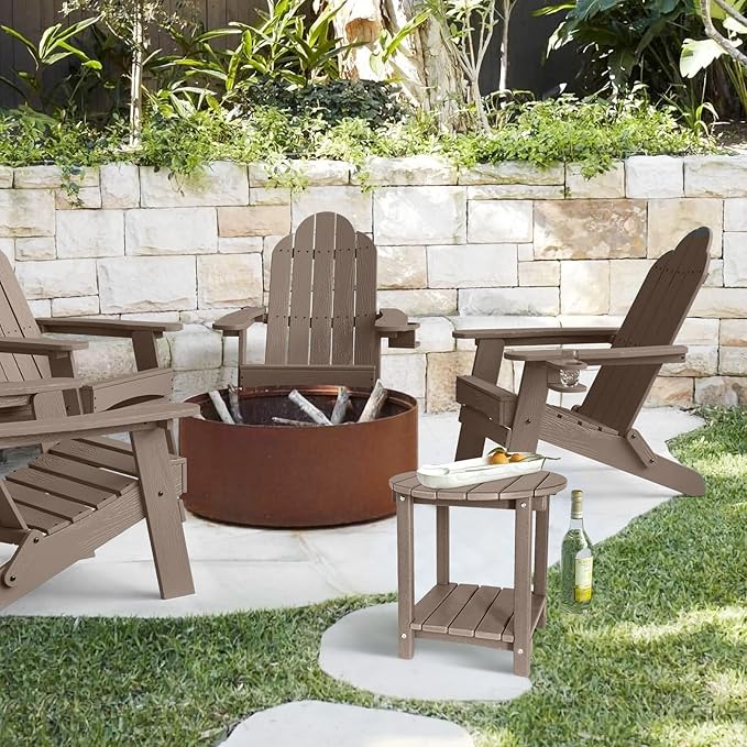 Adirondack Round Outdoor Side Table 2-Tier Storage Patio Side Table, HDPE End Tables for Backyard Pool Porch Garden Lawn (Teak)