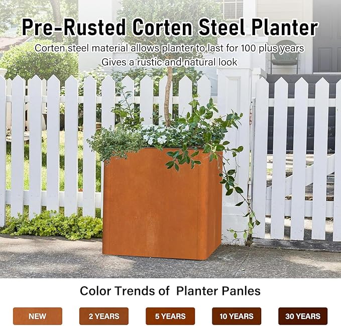 Corten Steel Planter Box 24"x24"x25", Large Square Metal Planter Indoor&amp;Outdoor, Large Cube Planters with Drainage Hole for Porch/Patio/Garden