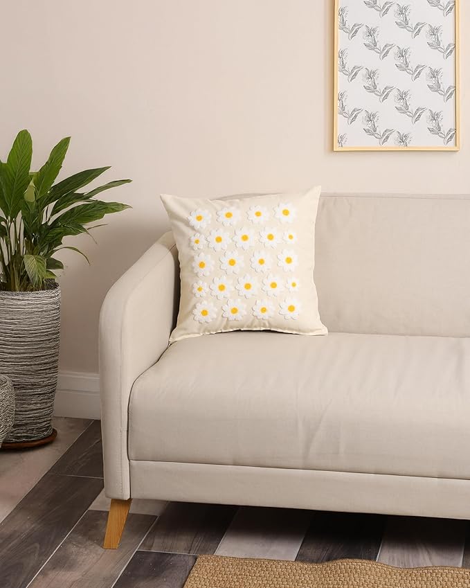 katre home madame &amp; textile Throw Pillow Cover – Handcrafted Daisy Design on Natural Cotton – 18x18 inch – Decorative Punch Needle Cushion Cover – Boho Floral Accent Pillowcase