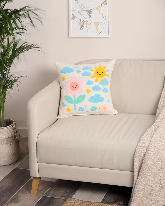 katre home madame &amp; textile Throw Pillow Cover – Sun &amp; Cloud Punch Needle Cushion 18x18 inch – Handmade Embroidered Boho Cotton Pillow for Couch, Bed or Nursery Room Decor