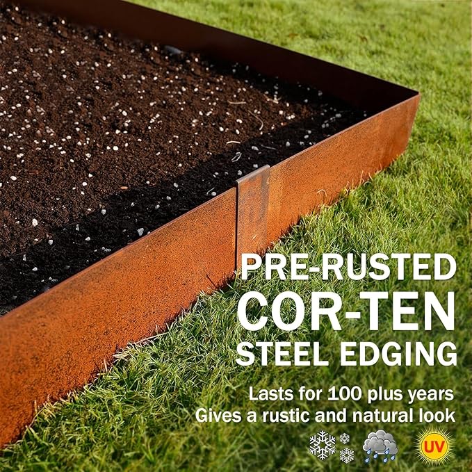 Worth Garden 6 Pack Cor-Ten Steel Landscape Edging w/Rust Patina Finish - 40" L x 8" H Strips - Hammer-in 14-Gauge Metal Corten Edging Border w/ 7 Clips &amp; Gloves - Edge for Lawn Yard (20Ft Total)