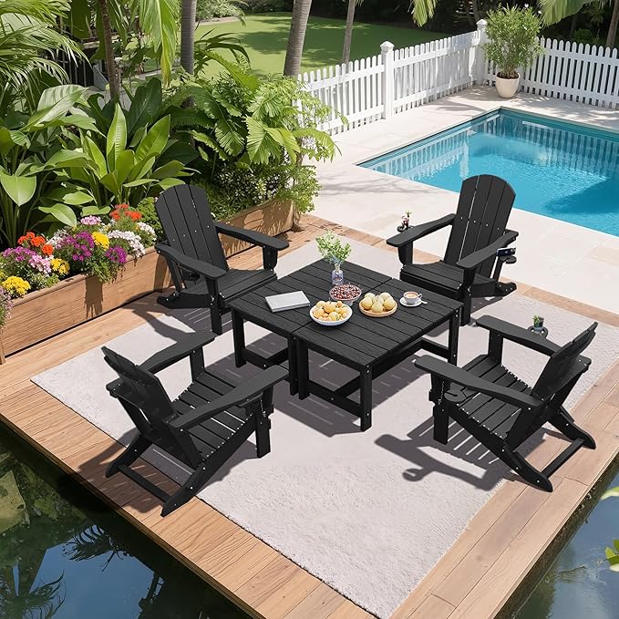 SERWALL Outdoor Coffee Table, HDPE Patio Coffee Table for Outside, Rectangle, Black