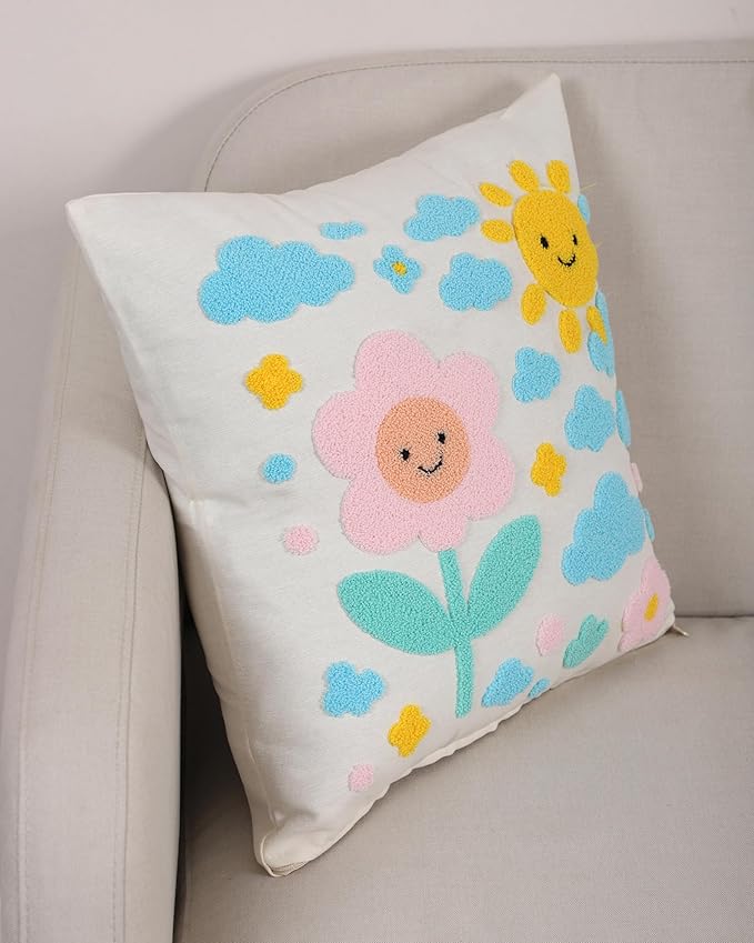 katre home madame &amp; textile Throw Pillow Cover – Sun &amp; Cloud Punch Needle Cushion 18x18 inch – Handmade Embroidered Boho Cotton Pillow for Couch, Bed or Nursery Room Decor