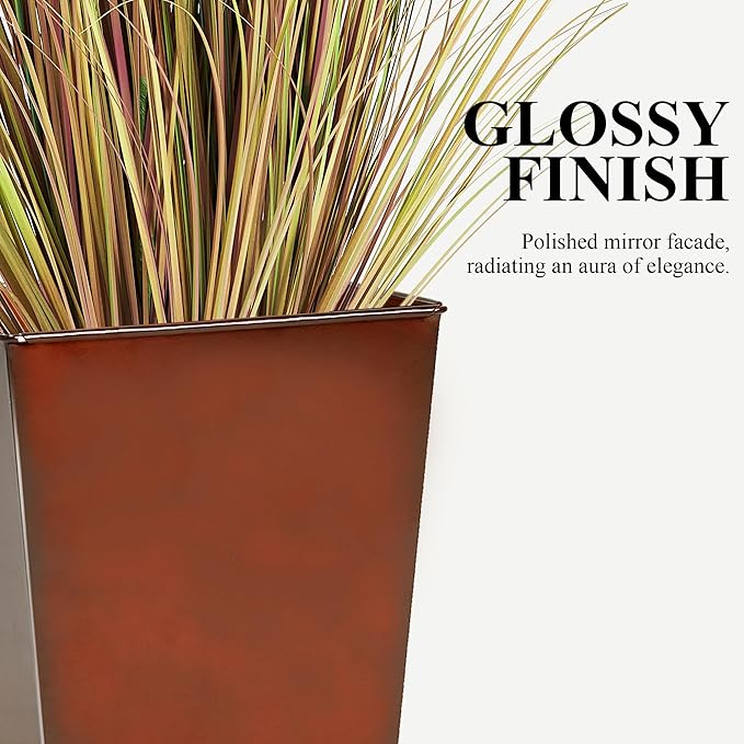 WORTH Garden 28" Large Metal Glazed Planter Set of 2, Luxurious Glossy Finish Red Tall Square Tapered Steel Plant Pots, Decor Flower Pot Indoor &amp; Outdoor, Drainage Hole &amp; Dual-Purpose Plant Saucer