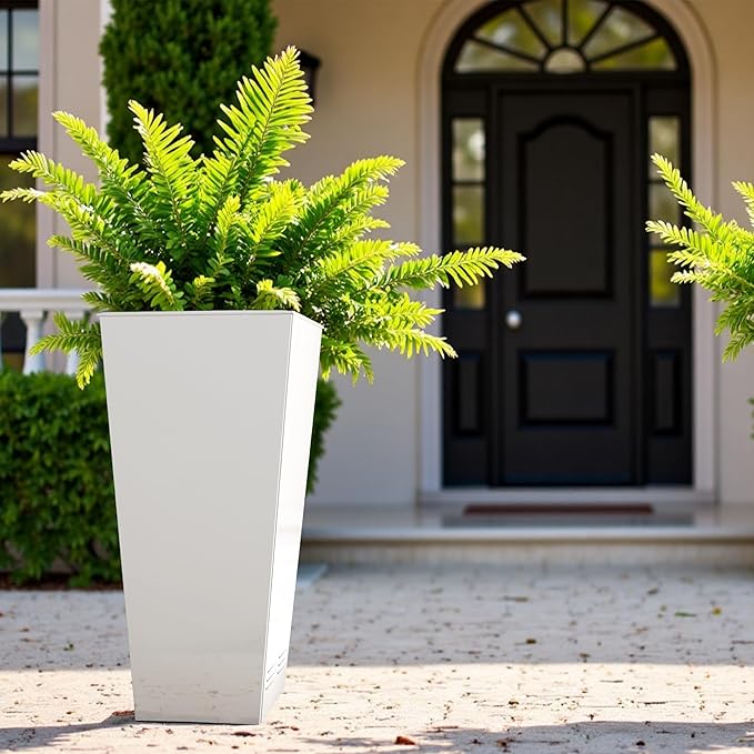Worth Garden 28" H. Large Metal Glazed Planter Set of 2, Modern Glossy Finish White Tall Square Tapered Steel Flower Plant Pots for Indoor &amp; Outdoor Use - Insert Plate with Drain Holes, Air Vents