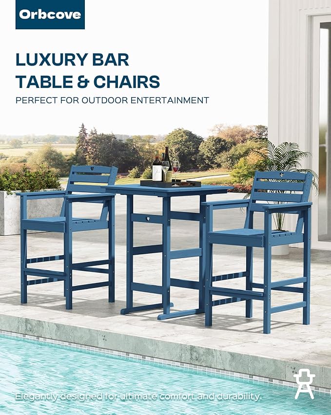 Tall Adirondack Chairs Set of 4, HDPE Wood Balcony Adirondack Chairs Set with Heart Cutout Design, Weather-Resistant Bar Height Furniture for Deck, Porch, Pool (Navy Blue)