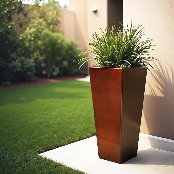 WORTH Garden 28" Large Metal Glazed Planter Set of 2, Luxurious Glossy Finish Red Tall Square Tapered Steel Plant Pots, Decor Flower Pot Indoor &amp; Outdoor, Drainage Hole &amp; Dual-Purpose Plant Saucer