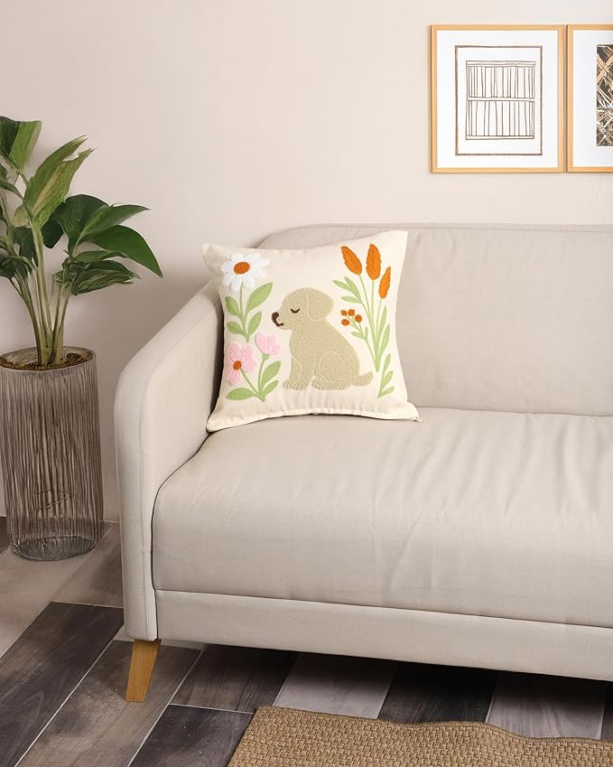 katre home madame &amp; textile Embroidered Dog Pillow Cover – 18x18 inch Handmade Punch Needle Cushion – Boho Cotton Throw Pillow for Couch, Bed, or Gift for Dog Lovers