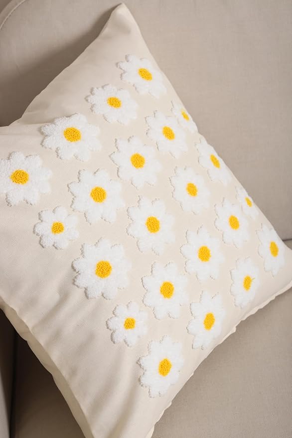 katre home madame &amp; textile Throw Pillow Cover – Handcrafted Daisy Design on Natural Cotton – 18x18 inch – Decorative Punch Needle Cushion Cover – Boho Floral Accent Pillowcase