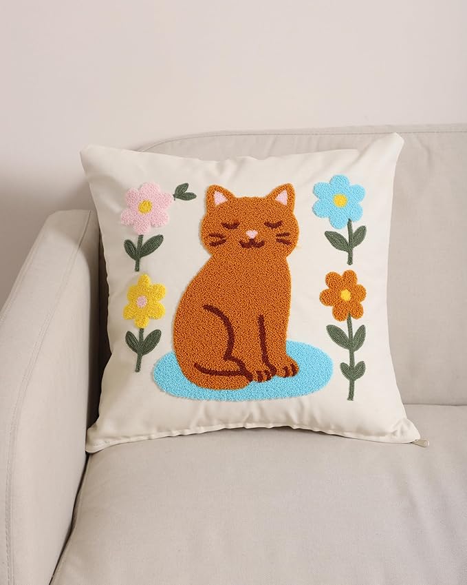katre home madame &amp; textile Cat Throw Pillow Cover – 100% Cotton Embroidered Decorative Cushion Case 18x18 – Handmade Punch Needle Pillow for Sofa, Bed, Couch or Gift for Cat Lovers