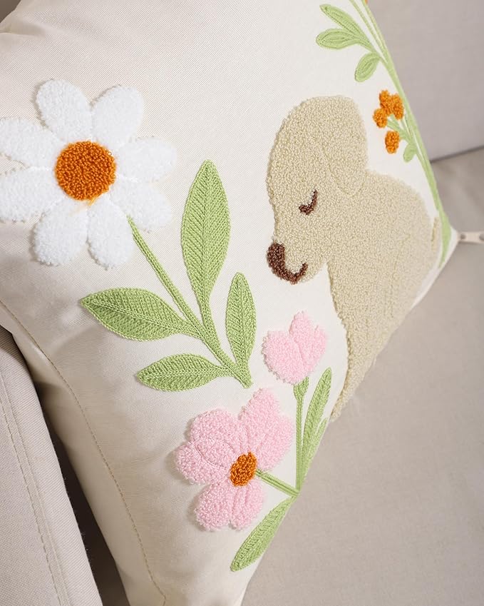 katre home madame &amp; textile Embroidered Dog Pillow Cover – 18x18 inch Handmade Punch Needle Cushion – Boho Cotton Throw Pillow for Couch, Bed, or Gift for Dog Lovers