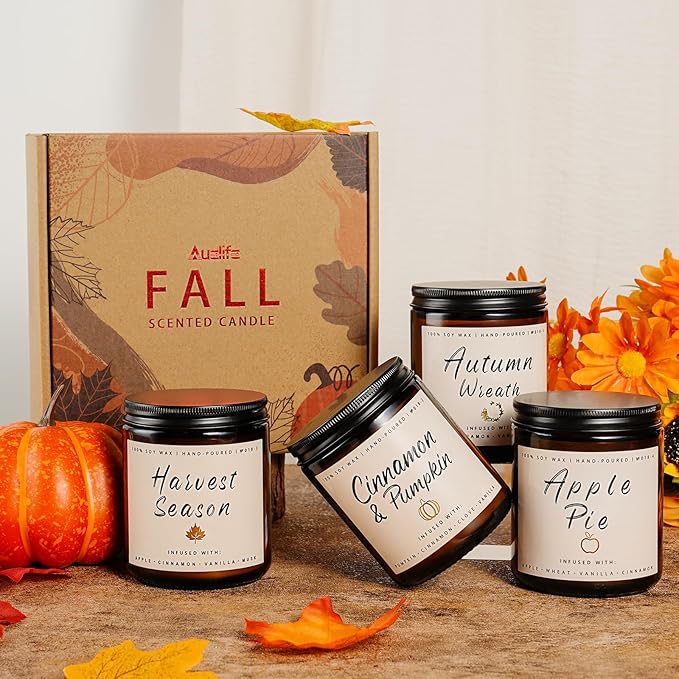 Auelife Fall Candle Set | 4 Pack Scented Candles for Home - Candle Gifts for Women Men, Soy Candles Home Scented | Autumn Fragrance of - Apple Pie/Cinnamon/Harvest/Wreath