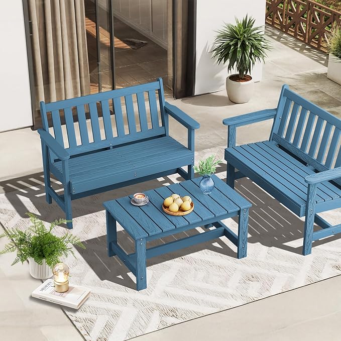SERWALL Rectangle Outdoor Coffee Table, HDPE Patio Coffee Table, Navy