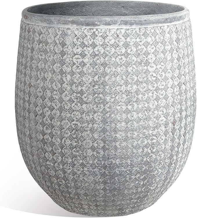 Worth Garden 12" Dia x 15" H Grey Round Planter – Lightweight Magnesium Oxide Cement Plant Pot with Texture – Raised Pattern Concrete Look – Drainage Hole – Indoor &amp; Outdoor Use