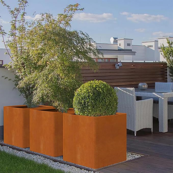 Corten Steel Planter Box 24"x24"x25", Large Square Metal Planter Indoor&amp;Outdoor, Large Cube Planters with Drainage Hole for Porch/Patio/Garden