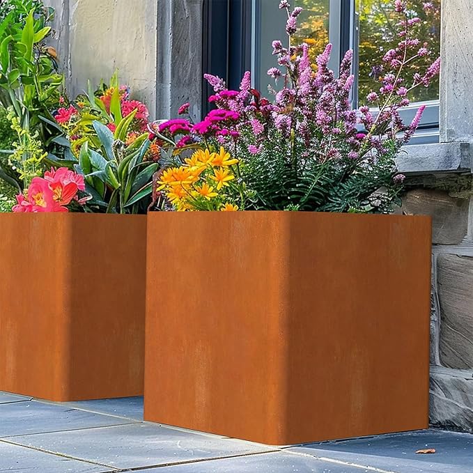 Corten Steel Planter Box 24"x24"x25", Large Square Metal Planter Indoor&amp;Outdoor, Large Cube Planters with Drainage Hole for Porch/Patio/Garden