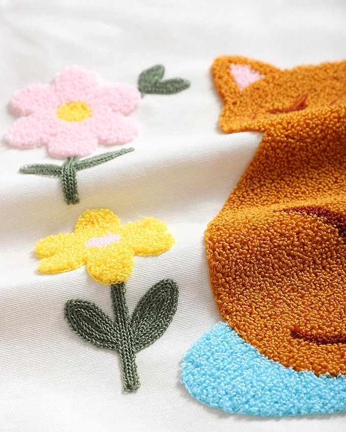 katre home madame &amp; textile Cat Throw Pillow Cover – 100% Cotton Embroidered Decorative Cushion Case 18x18 – Handmade Punch Needle Pillow for Sofa, Bed, Couch or Gift for Cat Lovers