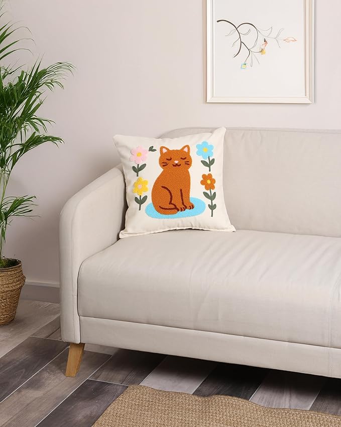 katre home madame &amp; textile Cat Throw Pillow Cover – 100% Cotton Embroidered Decorative Cushion Case 18x18 – Handmade Punch Needle Pillow for Sofa, Bed, Couch or Gift for Cat Lovers