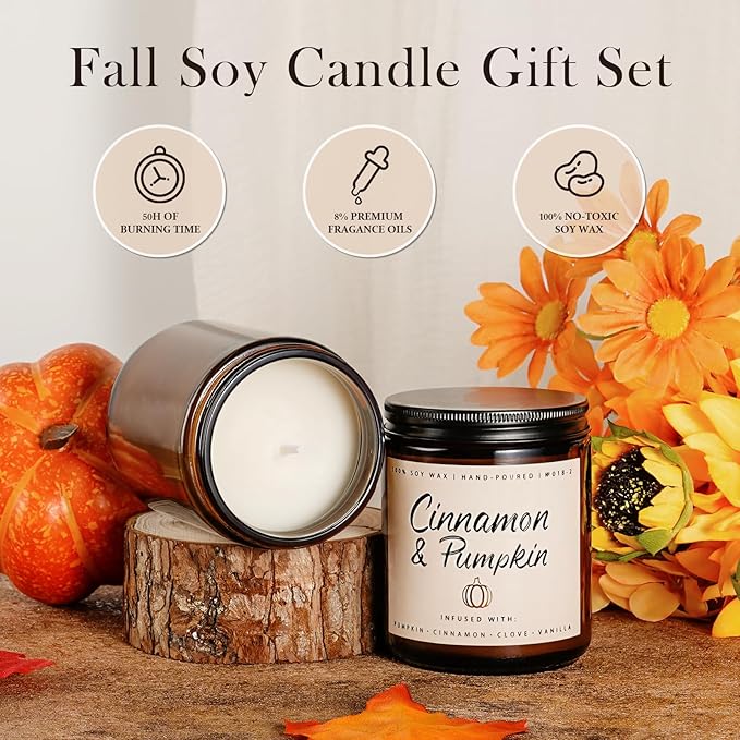 Cinnamon &amp; Pumpkin Scented Candle – Fall Candles for Home Scented, Soy Candles for Home, 7 oz Cozy Pumpkin Candle for Women &amp; Men, Autumn Décor &amp; Holiday Gifts