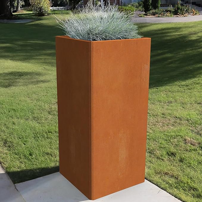 Cor Ten Steel Planter 26 Inch Tall Planter with Drainage Holes, Rust-Resistant/Heavy-Duty Metal Planter Box for Garden, Patio, Porch &amp; Yard (14x14x26in)
