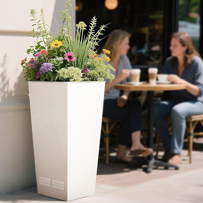 Worth Garden 28" H. Large Metal Glazed Planter Set of 2, Modern Glossy Finish White Tall Square Tapered Steel Flower Plant Pots for Indoor &amp; Outdoor Use - Insert Plate with Drain Holes, Air Vents