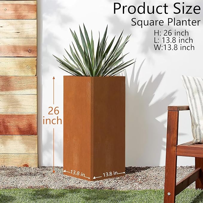 Cor Ten Steel Planter 26 Inch Tall Planter with Drainage Holes, Rust-Resistant/Heavy-Duty Metal Planter Box for Garden, Patio, Porch &amp; Yard (14x14x26in)