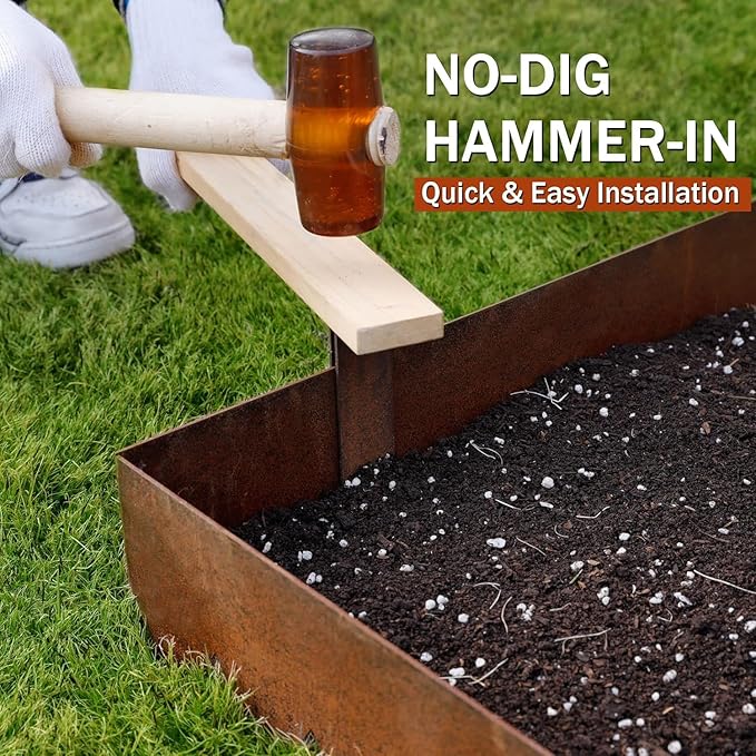 Worth Garden 6 Pack Cor-Ten Steel Landscape Edging w/Rust Patina Finish - 40" L x 8" H Strips - Hammer-in 14-Gauge Metal Corten Edging Border w/ 7 Clips &amp; Gloves - Edge for Lawn Yard (20Ft Total)