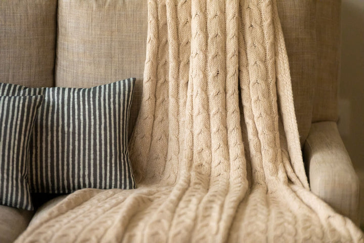 Muru Collection - Pima Cotton &amp; Undyed Baby Alpaca Light Tan Cable Throw