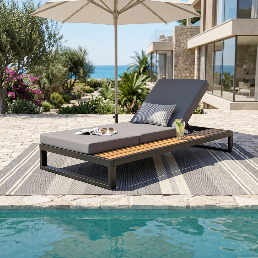 Black Iron &amp; Teak Finish Chaise Lounge Set: 1 Frame + 1 3-Fold Dark Cushion