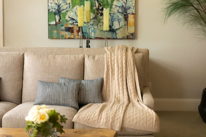 Muru Collection - Pima Cotton &amp; Undyed Baby Alpaca Light Tan Cable Throw