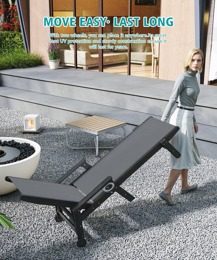 Lounge Chair Outdoor, HDPE Chaise Lounge with Wheels and Adjustable Recliner