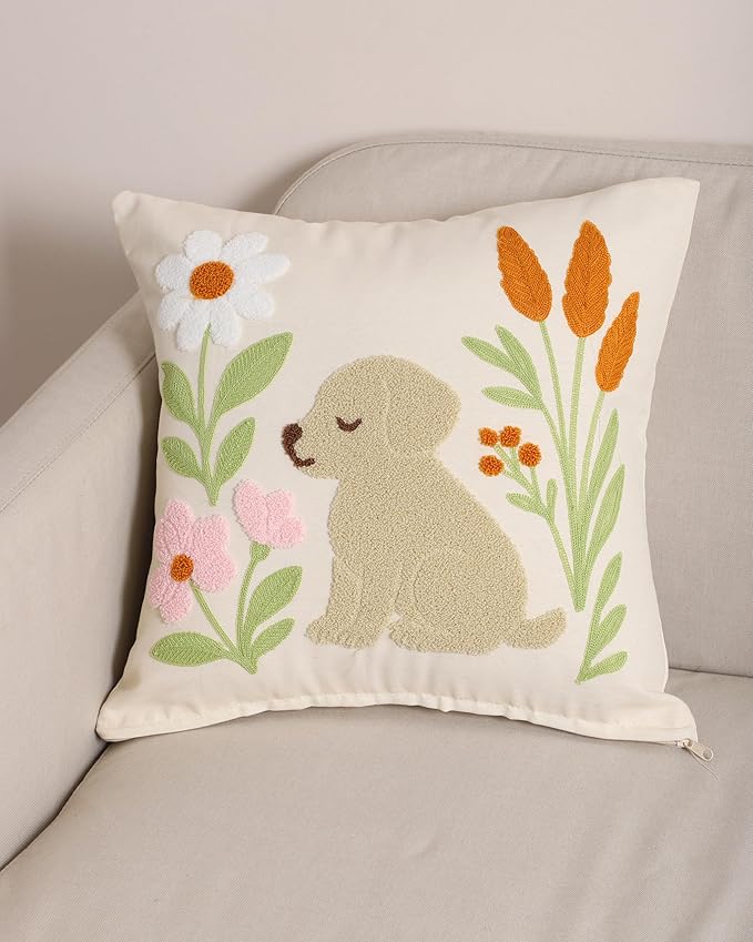 katre home madame &amp; textile Embroidered Dog Pillow Cover – 18x18 inch Handmade Punch Needle Cushion – Boho Cotton Throw Pillow for Couch, Bed, or Gift for Dog Lovers