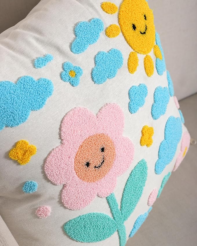 katre home madame &amp; textile Throw Pillow Cover – Sun &amp; Cloud Punch Needle Cushion 18x18 inch – Handmade Embroidered Boho Cotton Pillow for Couch, Bed or Nursery Room Decor