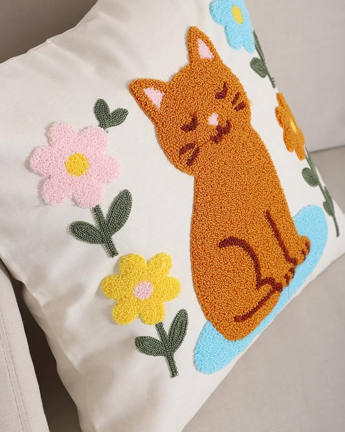 katre home madame &amp; textile Cat Throw Pillow Cover – 100% Cotton Embroidered Decorative Cushion Case 18x18 – Handmade Punch Needle Pillow for Sofa, Bed, Couch or Gift for Cat Lovers