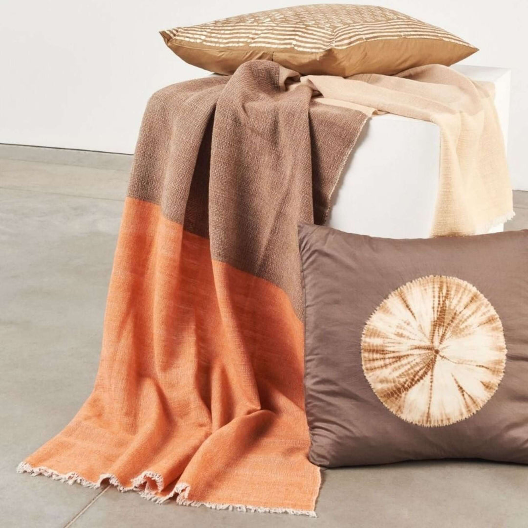 Chestnut Orange Cream Color Block Handwoven Merino Throw