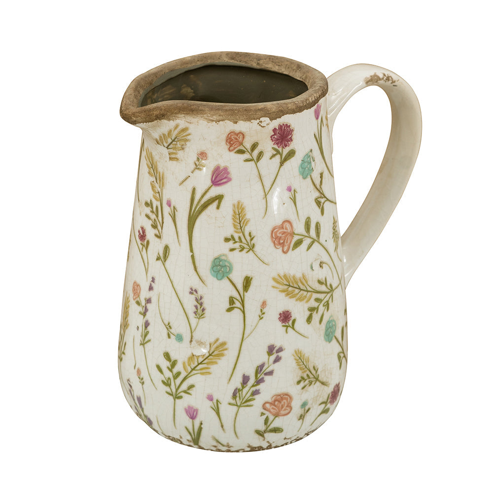 Round Ceramic Pitcher Vase with Multi-Colored Floral Motifs