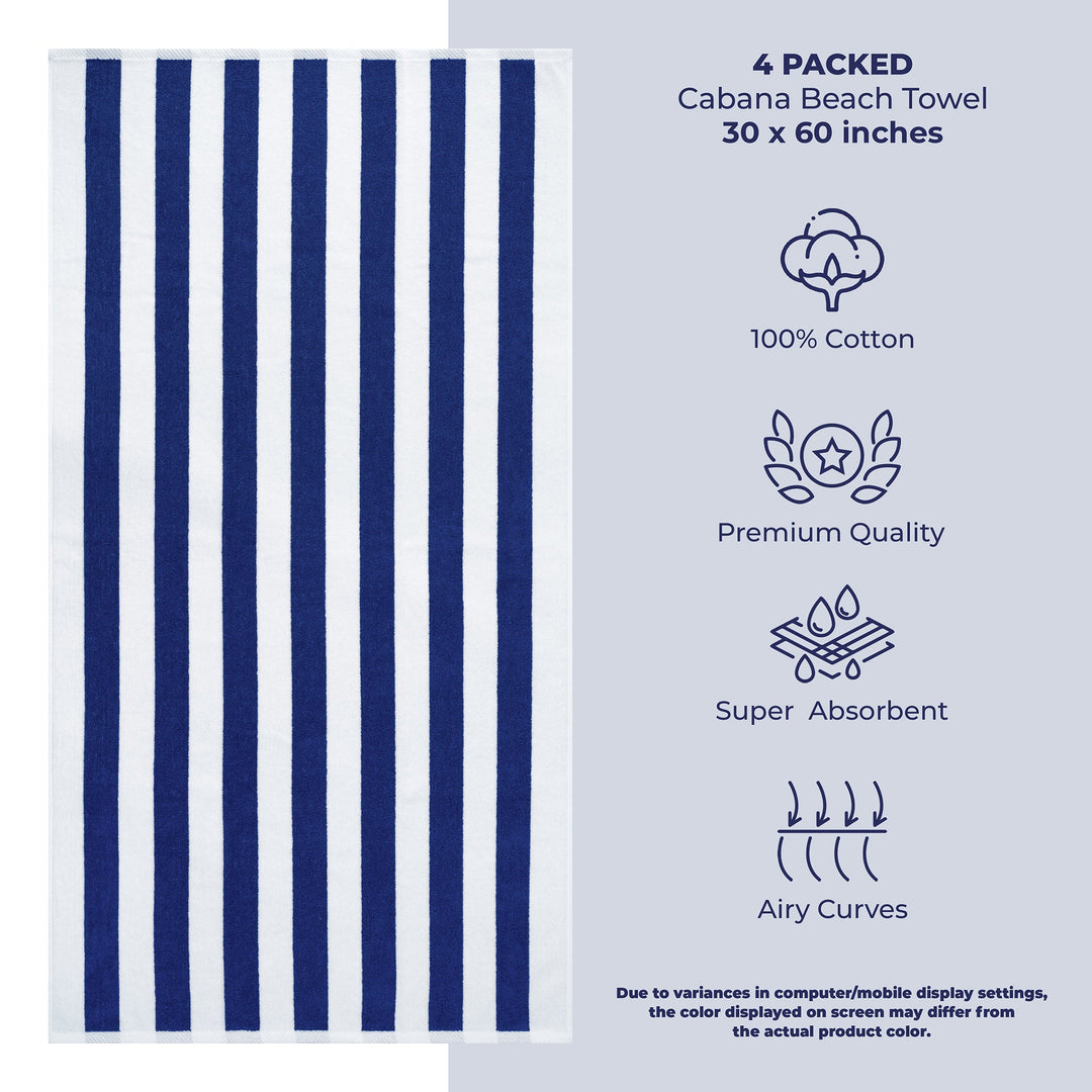 American Soft Linen, Premium Cotton 4 Pack Beach Towels, 30" x 60" Cabana Striped Pool Towels