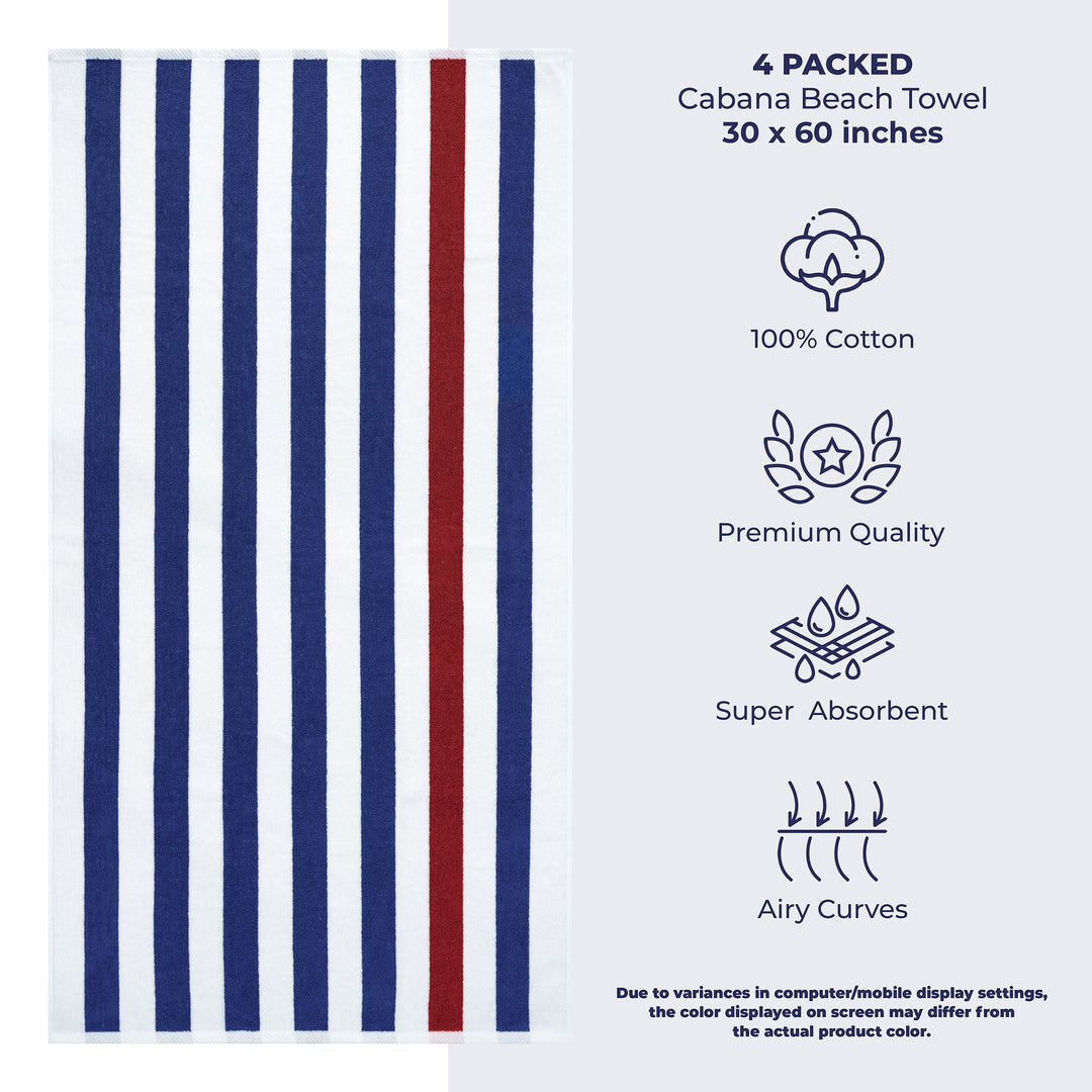 American Soft Linen, Premium Cotton 4 Pack Beach Towels, 30" x 60" Cabana Striped Pool Towels