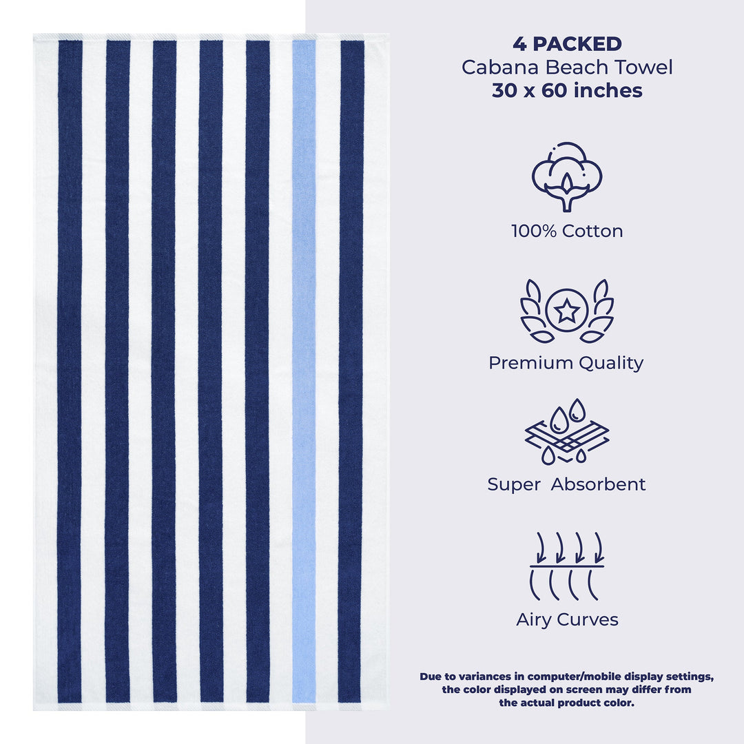 American Soft Linen, Premium Cotton 4 Pack Beach Towels, 30" x 60" Cabana Striped Pool Towels