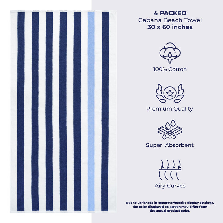 American Soft Linen, Premium Cotton 4 Pack Beach Towels, 30" x 60" Cabana Striped Pool Towels