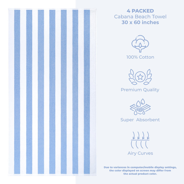 American Soft Linen, Premium Cotton 4 Pack Beach Towels, 30" x 60" Cabana Striped Pool Towels