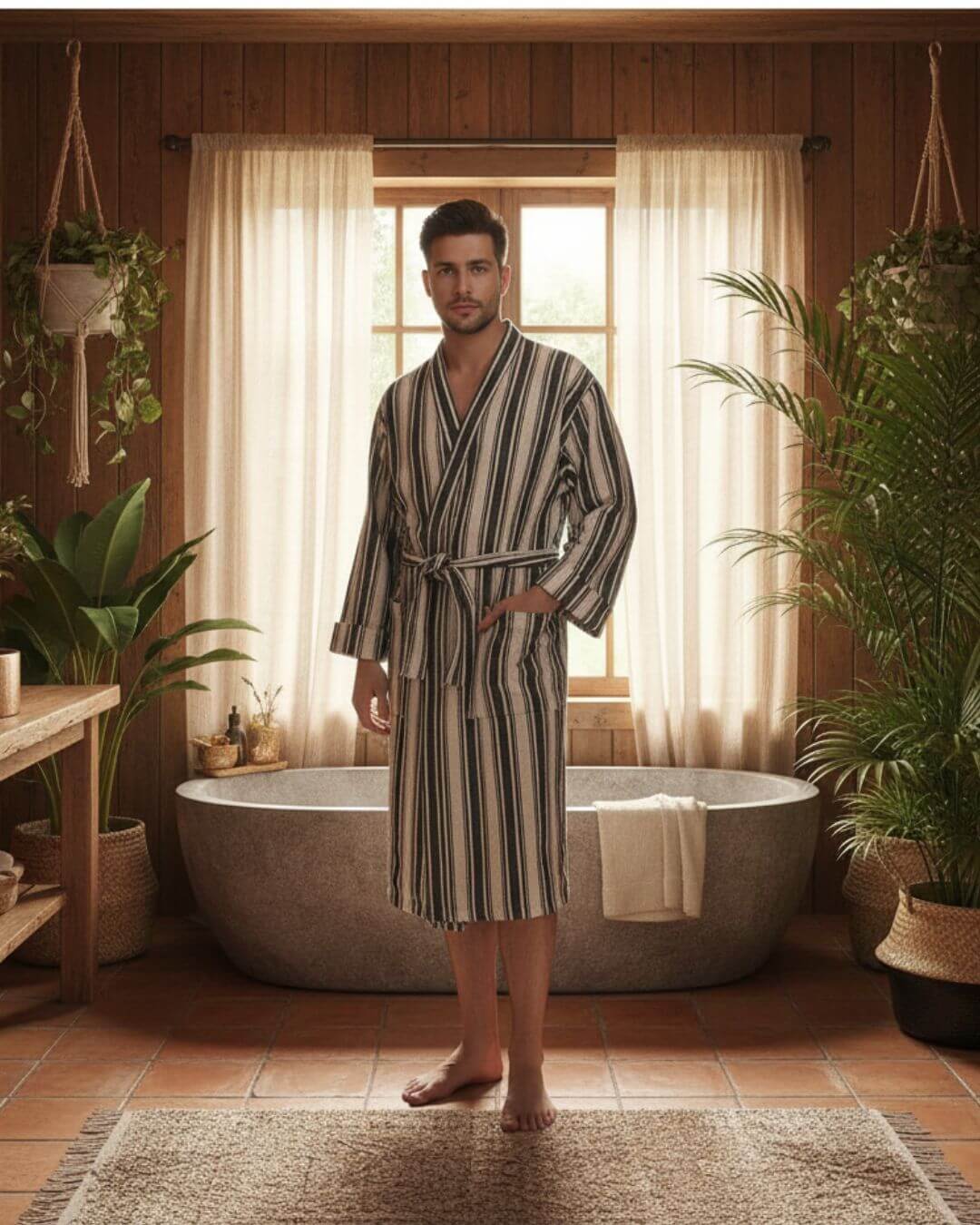 Cotton Linen Blend Kimono Bathrobe – Lightweight Unisex Robe